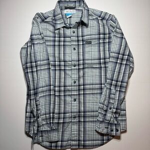 Columbia Men’s Small Plaid Button Down Shirt Long Sleeve Blue Gray Casual
